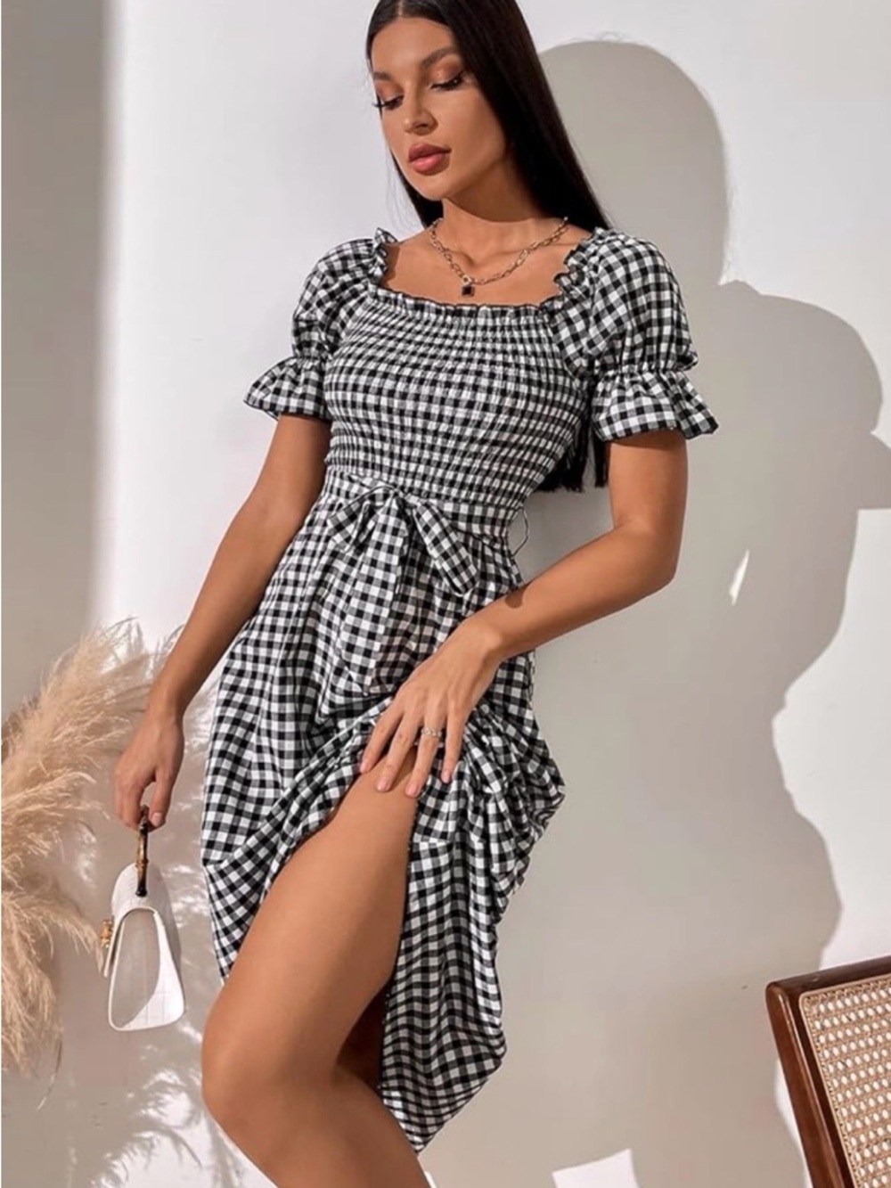 Gingham Puff-Sleeve Midi Dress | Black & White | Size Small